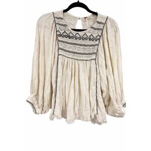 Free People Cyprus Avenue Top Medium Ivory Black Embroidered Lace Boho Western